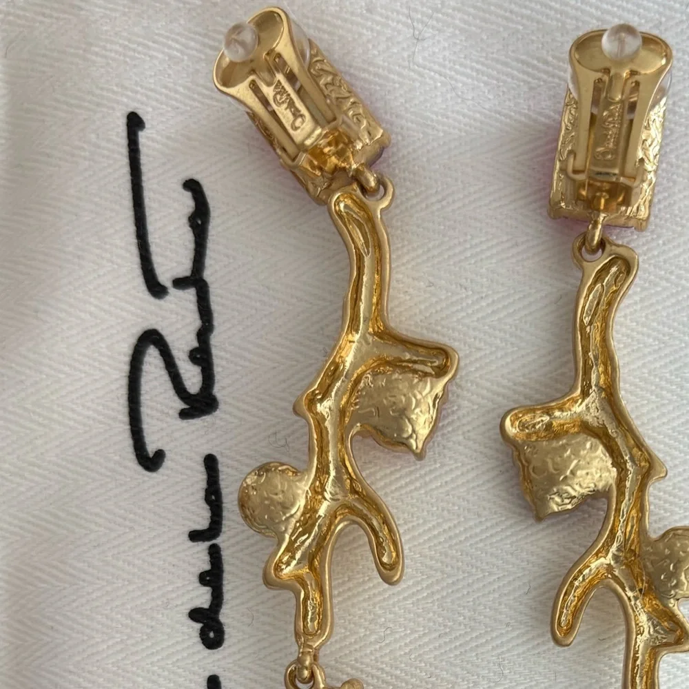 OSCAR de la RENTA Gold Pink Crystal Pearl Flora Branch Drop Earrings Branch